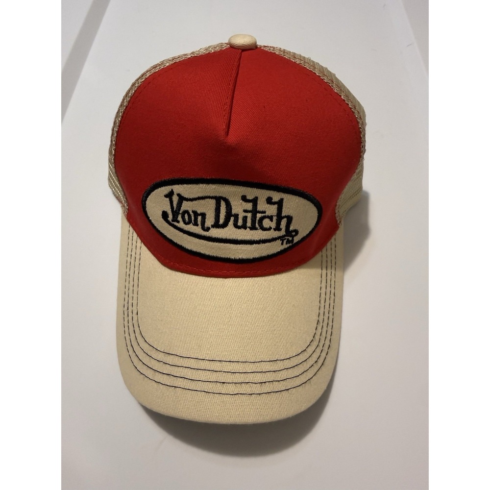 Von Dutch Trucker Hat Red Tan Mesh Snapback Y2K Streetwear Hat